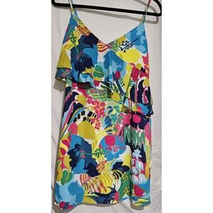 J Crew Printed Ruffle Front Cami Dress Vibrant Bright Tropical Size 4